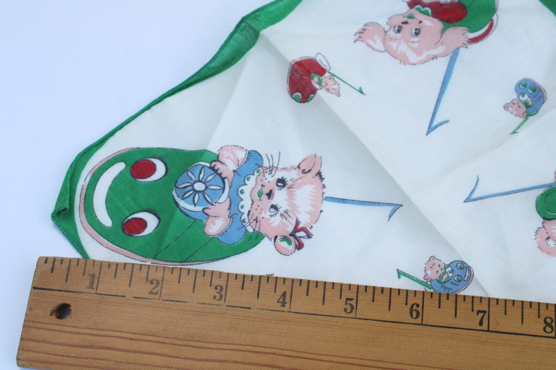photo of vintage children's hanky, print cotton handkerchief cute baby animals in bumper cars! #2